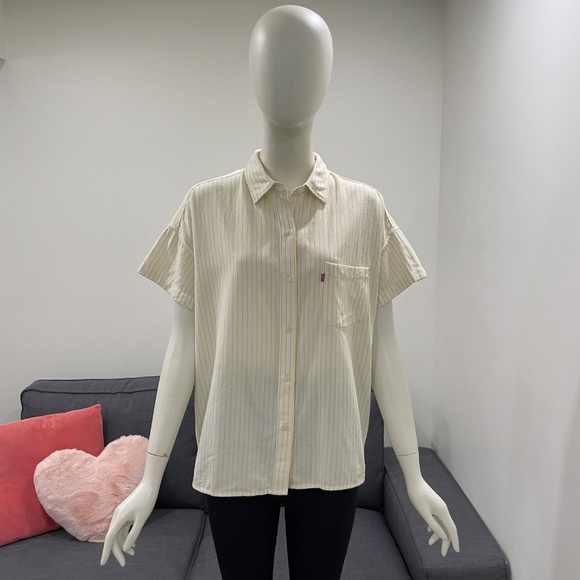 LEVI'S Short Sleeve Shirt Size Medium Yellow Stripes Linen-Blend Button-Down - Picture 2 of 15